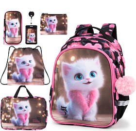 Ортопедичний шкільний рюкзак 6 в 1 для дівчинки School Standard 38х28х16 см з Котом для молодших класів (SET 160-22)